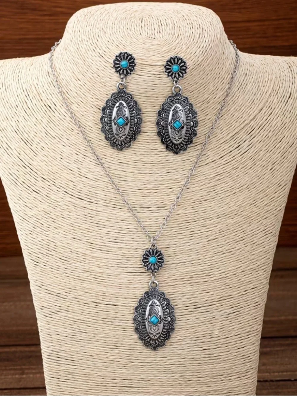 Western Set Turquoise Accent Silver-Tone Pendant Necklace & Earrings Set